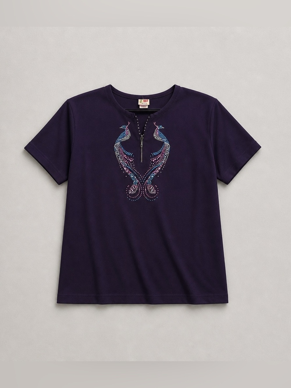 Cactus Navy Tee with Rhinestone Peacock Motif